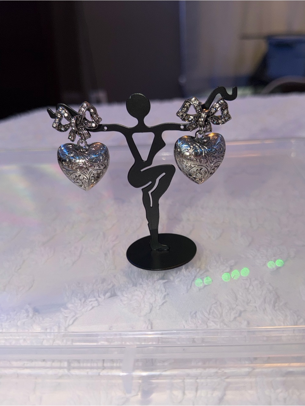 Silver-Tone Puff Heart Drop Earrings with Bow Accent - Elegant Women's Jewelry